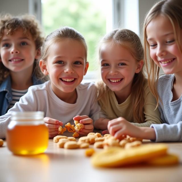 Enfants découvrant snacks suisses naturels et miel